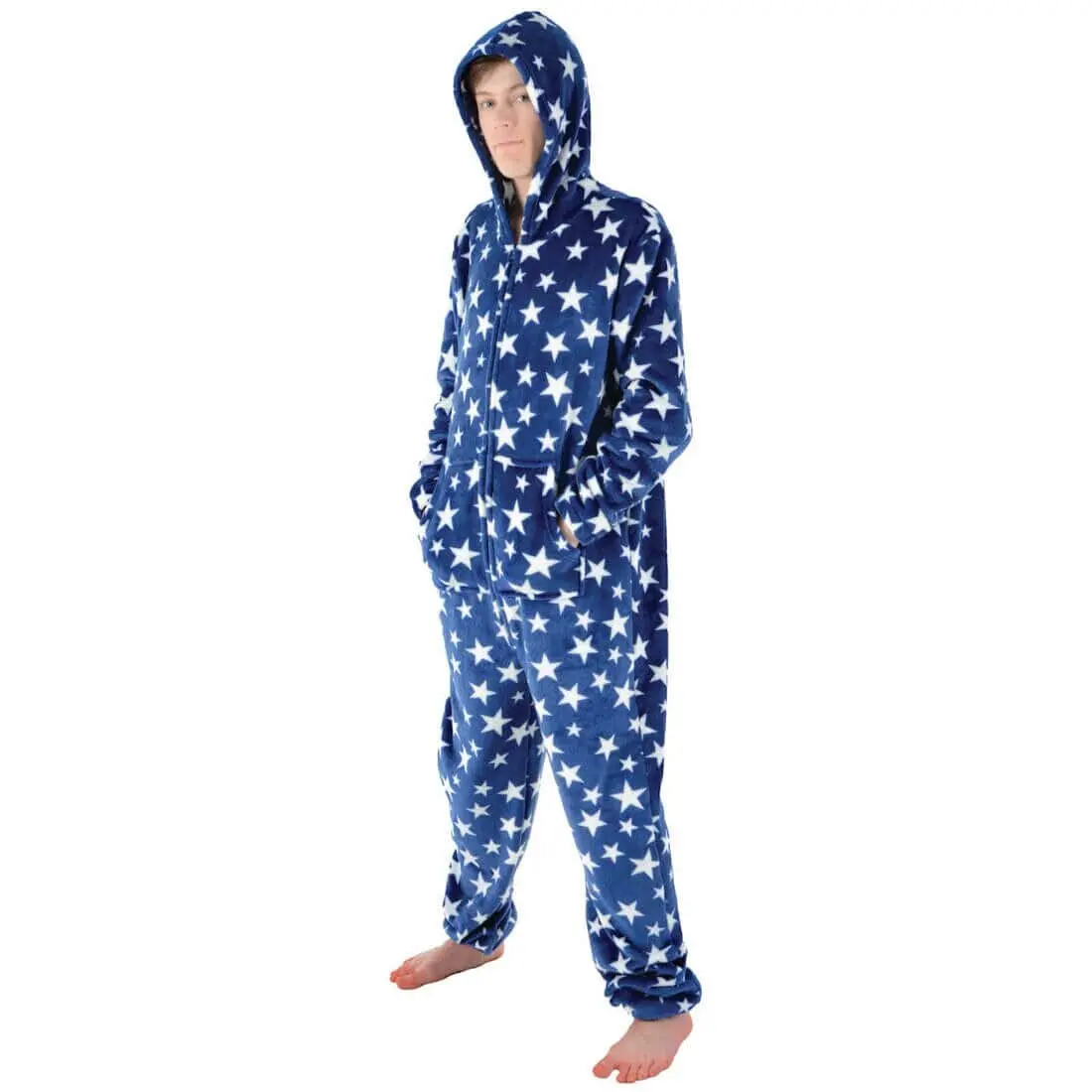 Mens All In One Pyjamas White Stars Hooded Fleece Nightwear 1