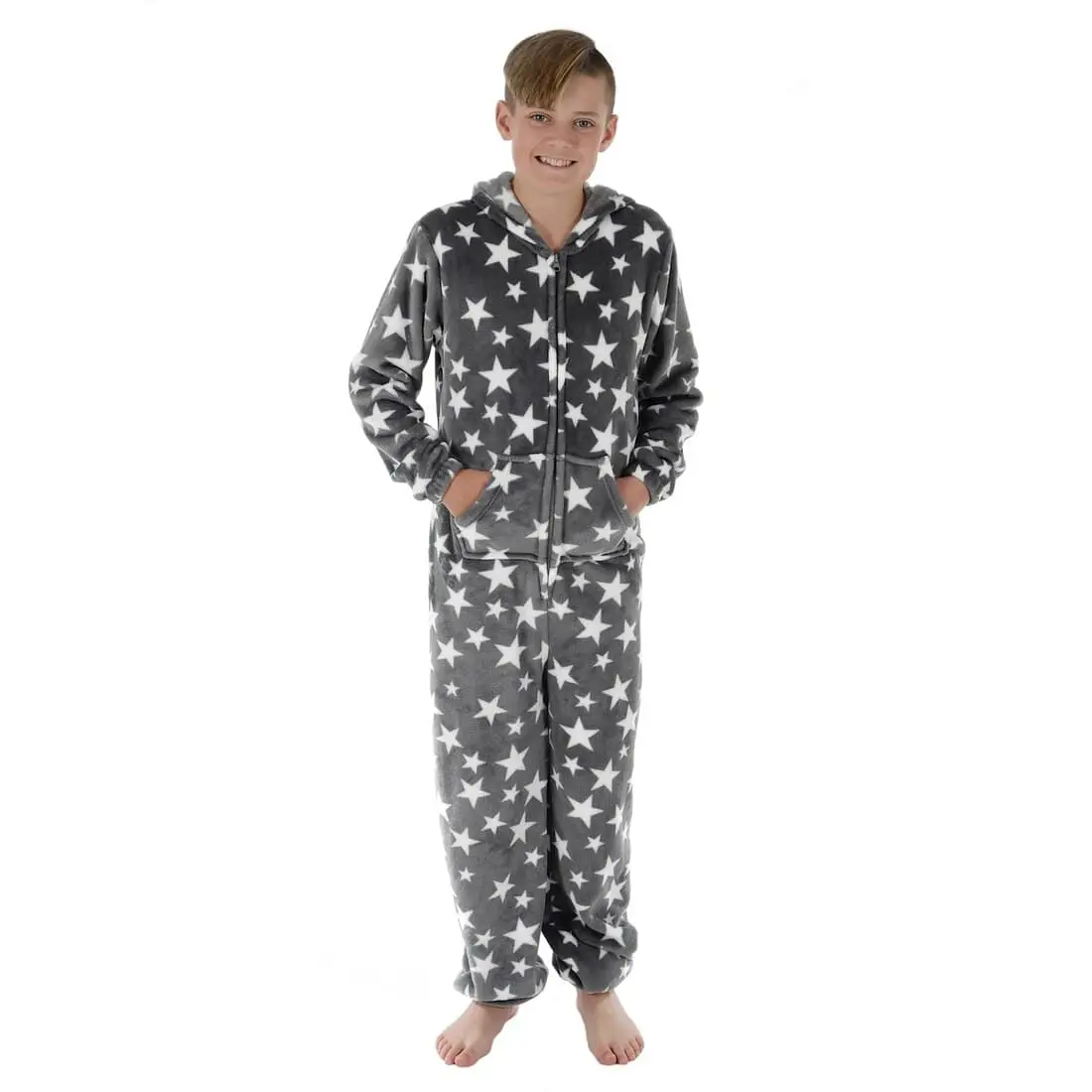 Kids All In One Pyjamas White Stars Fleece Hooded Sleep Suit 6