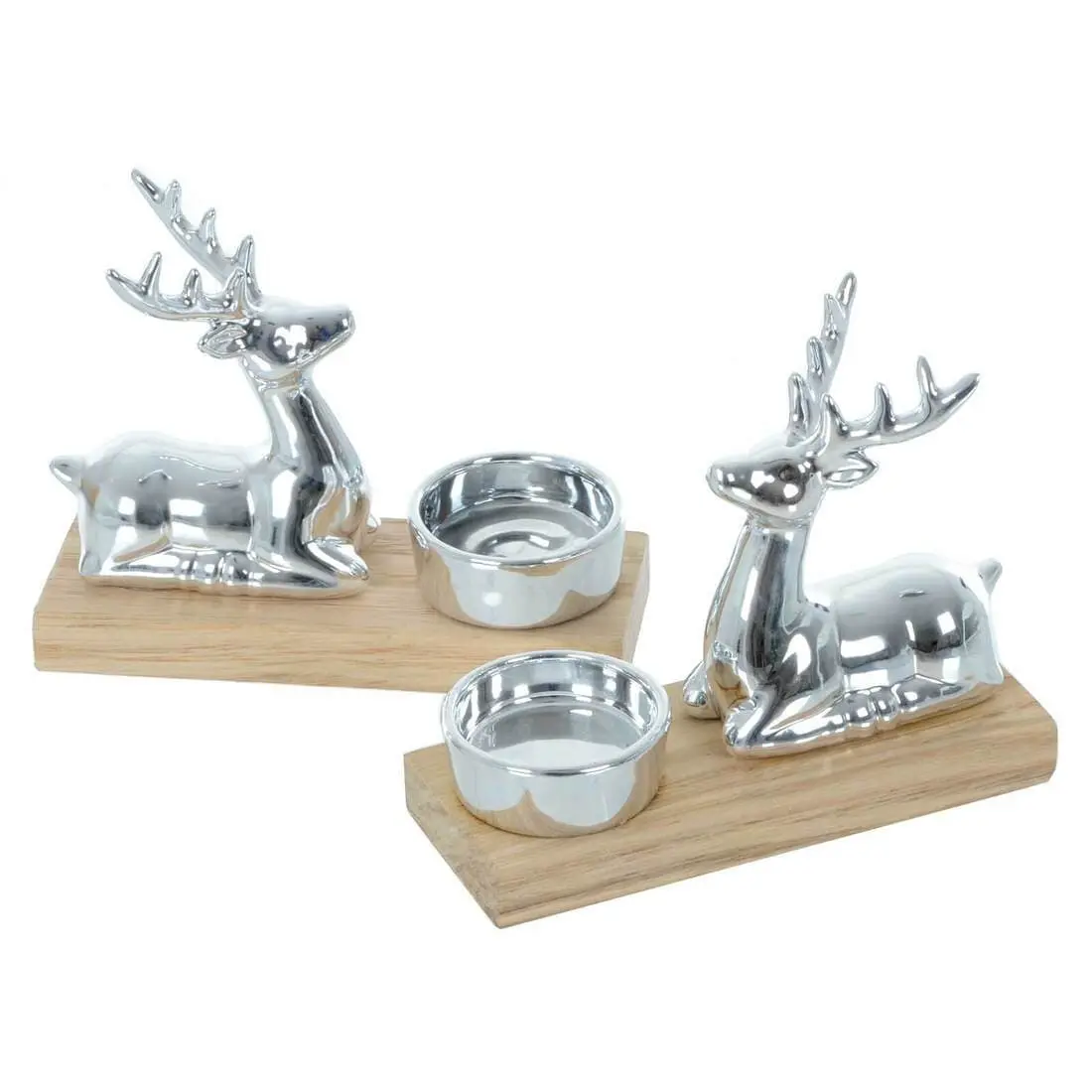 Set Of 2 Christmas Reindeer Silver Candle Holders Wood Base 1