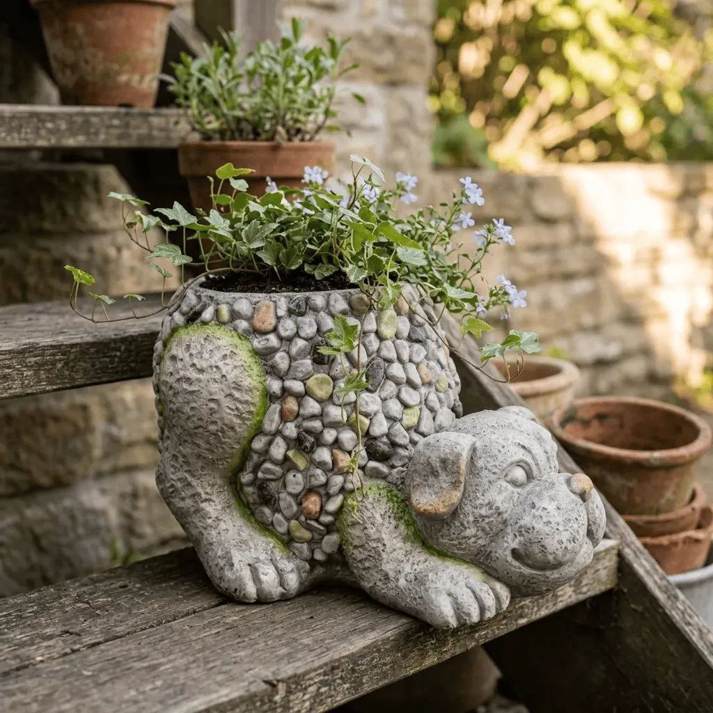 Crouching Dog Garden Planter Grey Beige Mosaic Body 33Cm 1