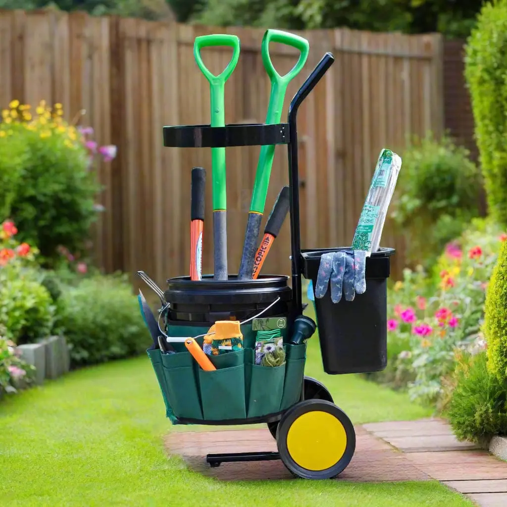 Garden Tool Cart Tidy Caddy Wheels 2 Buckets 18 Pocket Belt 1