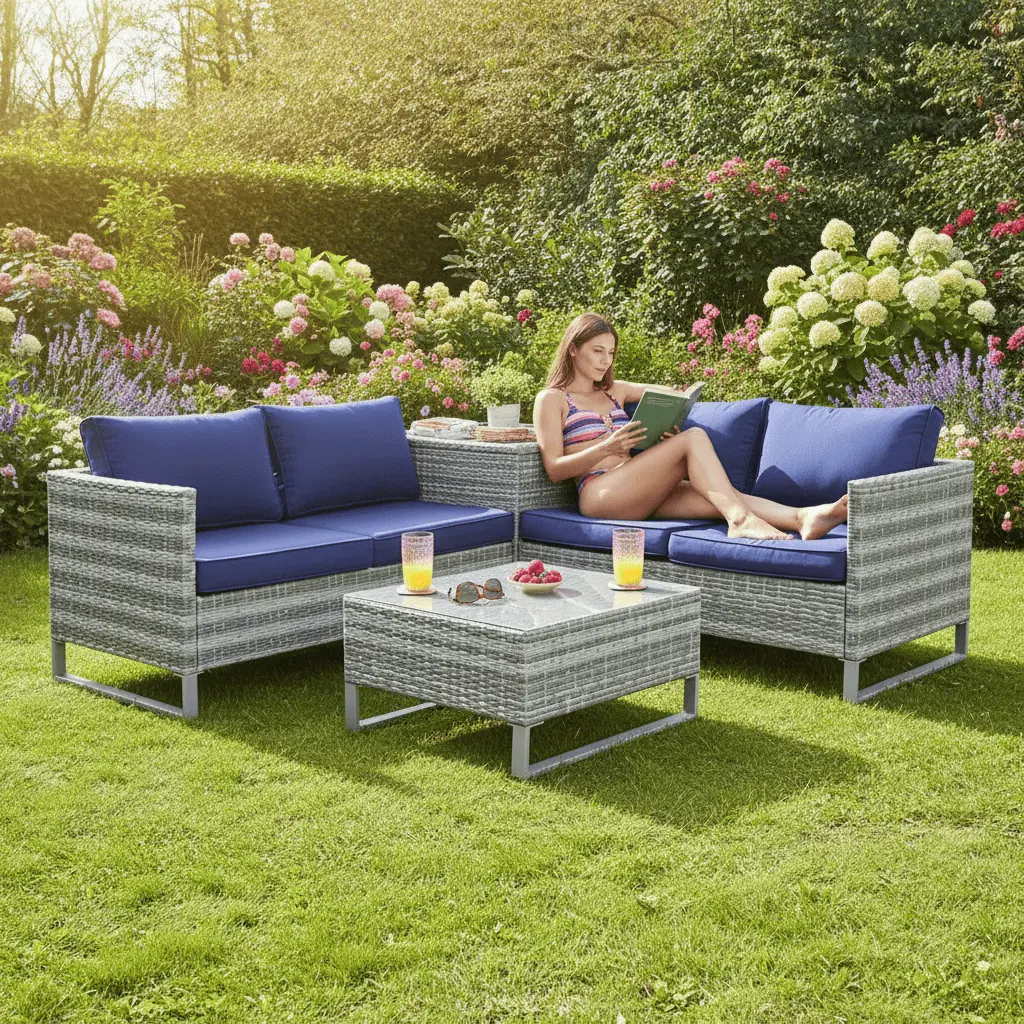 Treviso Garden Sofa Set Grey Rattan Coffee Table Ottoman 1