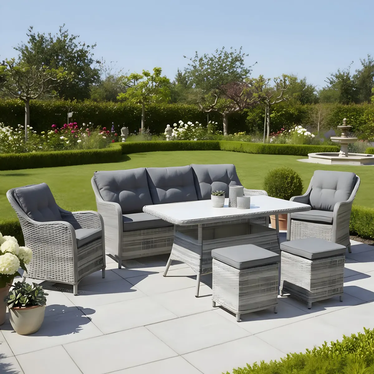 Barletta Garden Dining Set 3 Seater Sofa Grey Rattan Armchairs 1