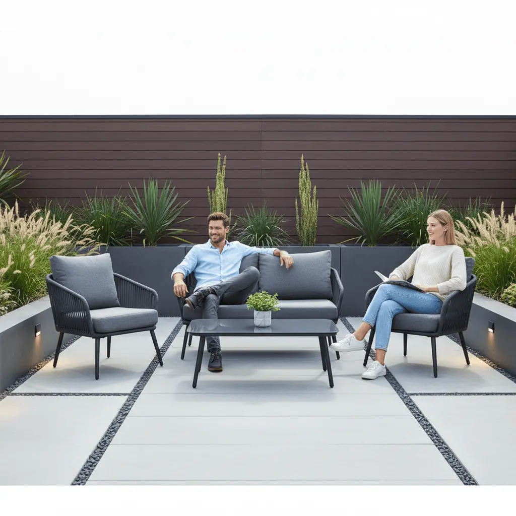 Teramo Garden Sofa Set Black Metal String Seats Glass Table 1