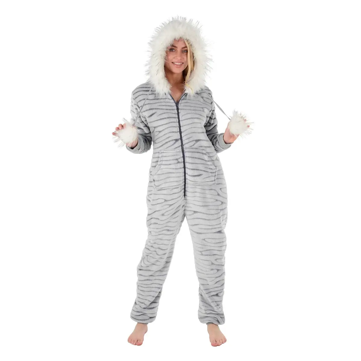 Womens All In One Pyjama Suit Zebra Print Grey Hooded Fleece 1