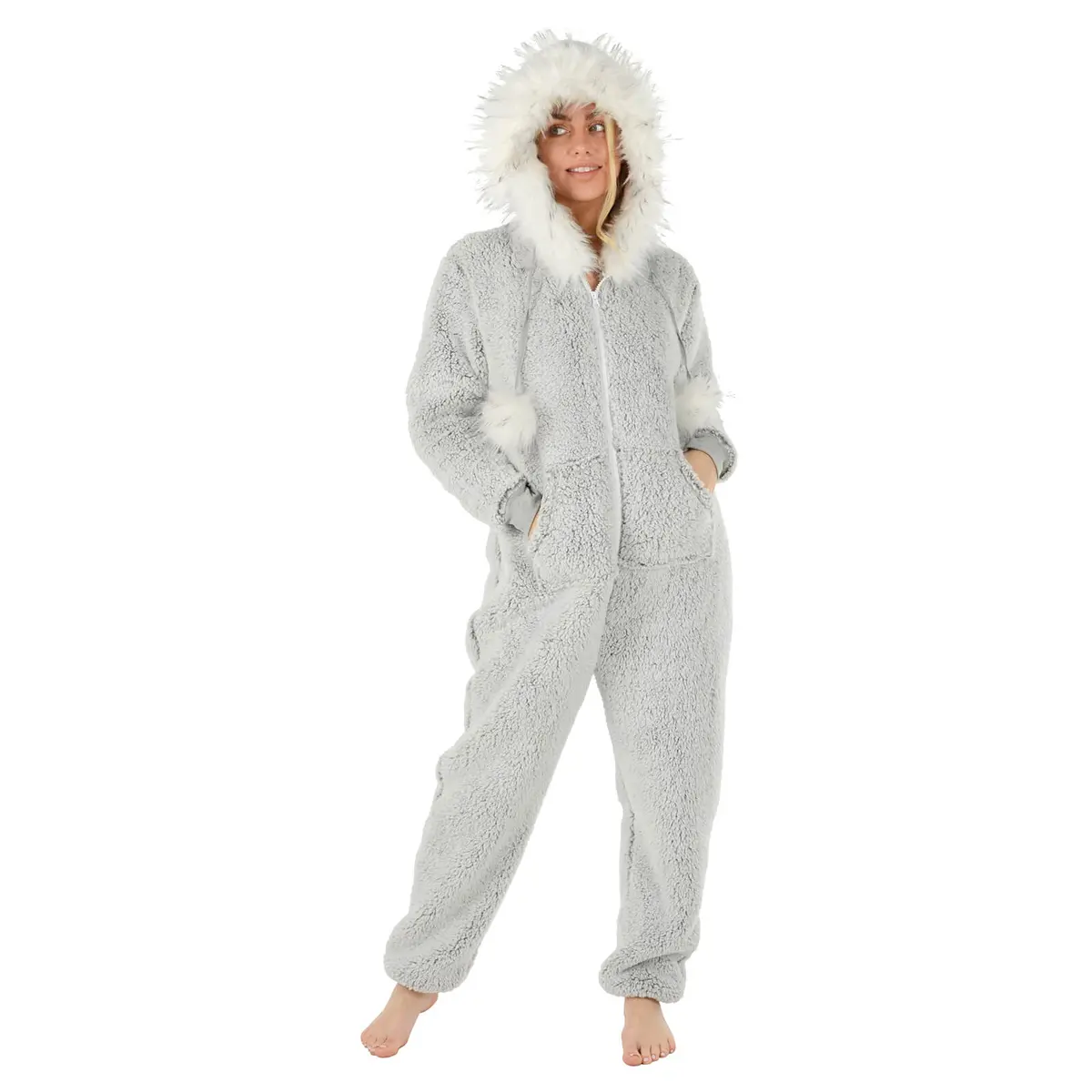 Womens All In One Pyjama Suit Faux Fur Hood Pom Poms Fleece 1
