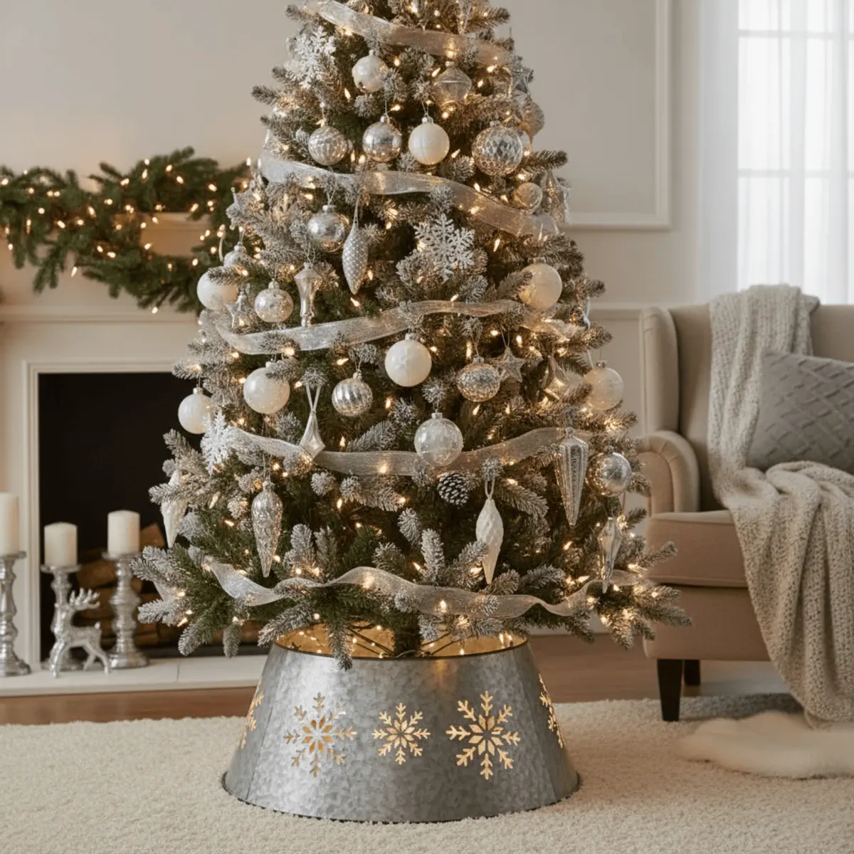 Silver Metal Christmas Tree Skirt With Snowflake Design & Warm White Led Lights – Festive Tin Tree Collar 1