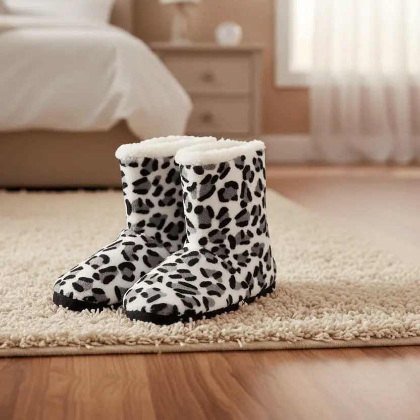 Womens Luxury Slipper Boots Leopard Print Fleece 1