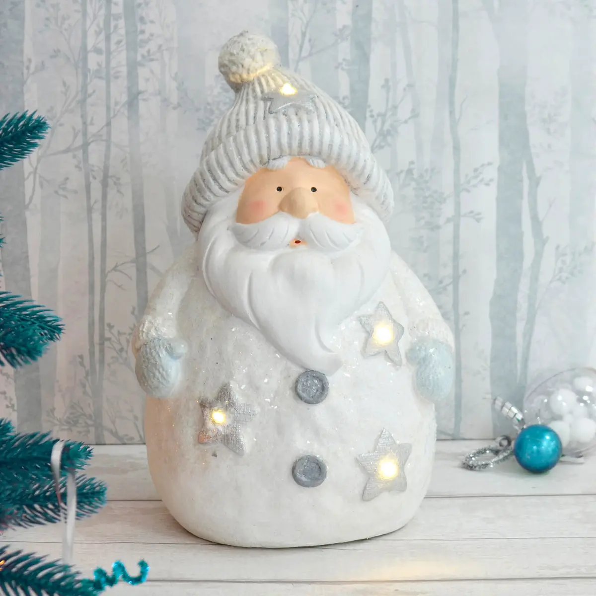 Light Up Christmas Decoration Ceramic White Blue Glitter Figure 37Cm 1