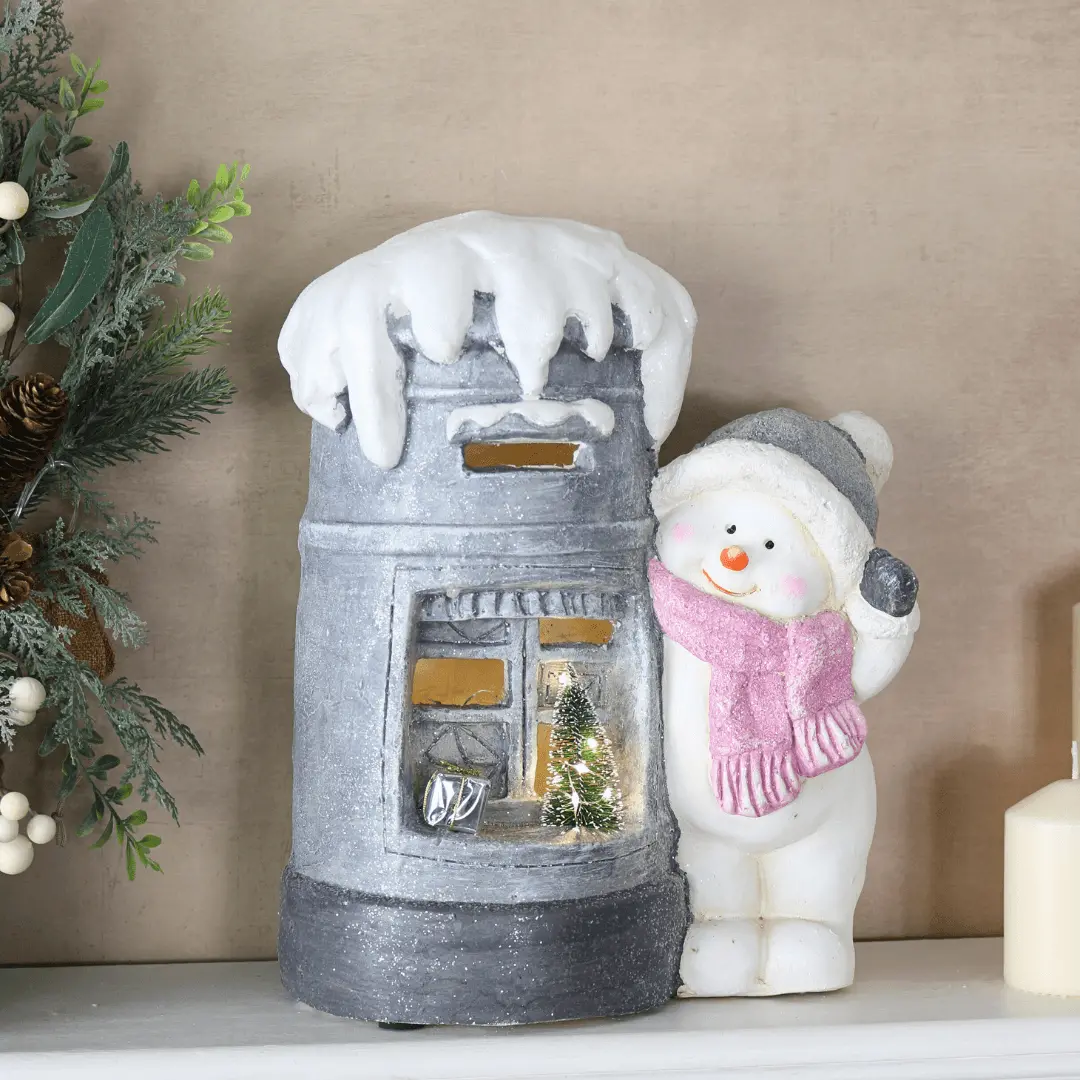 Led Post Box Light Up Christmas Decoration Snowman Ceramic 36Cm 1