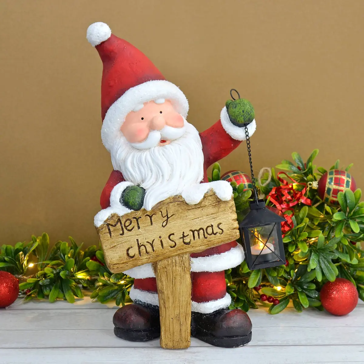 Santa Decoration Tealight Lantern Merry Christmas Sign Ceramic 45Cm 1
