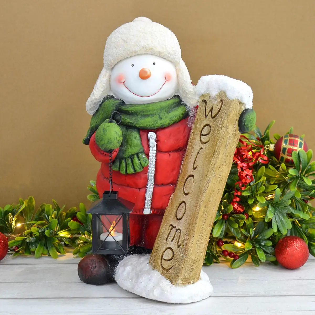 Snowman Christmas Decoration Tealight Lantern Welcome Ceramic 45Cm 1