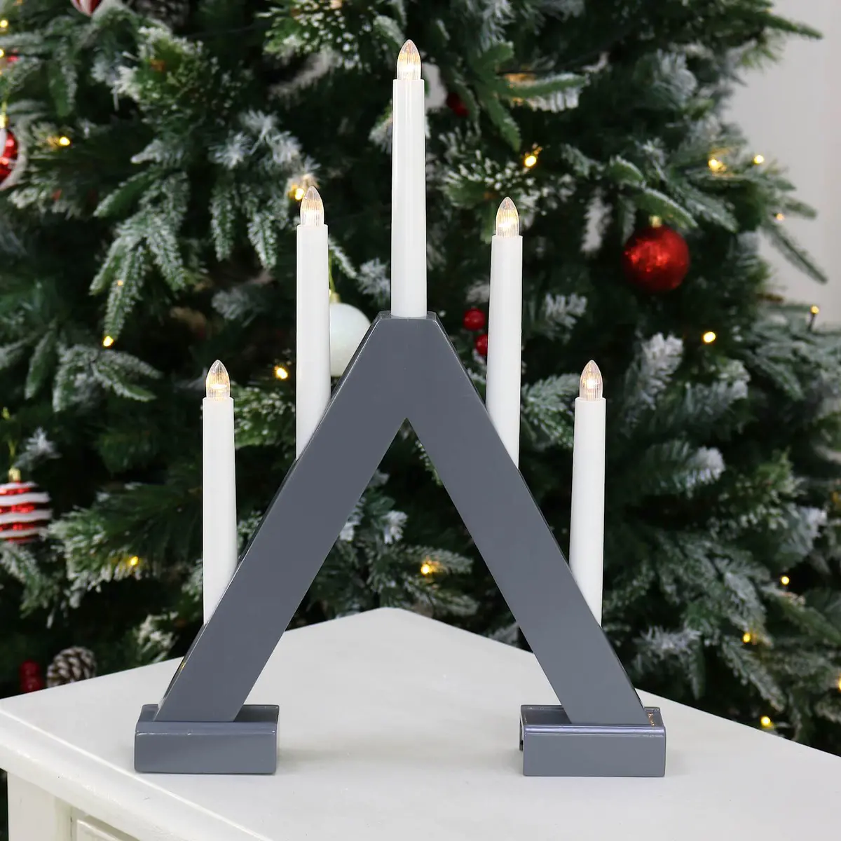 5 Light Christmas Candle Bridge Grey Wooden Decoration Led 40Cm 1