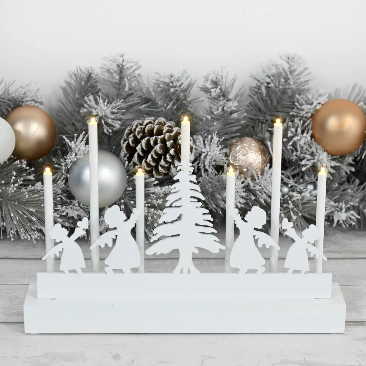 7 Light Christmas Candle Decoration White Silhouette Scene 32Cm 1