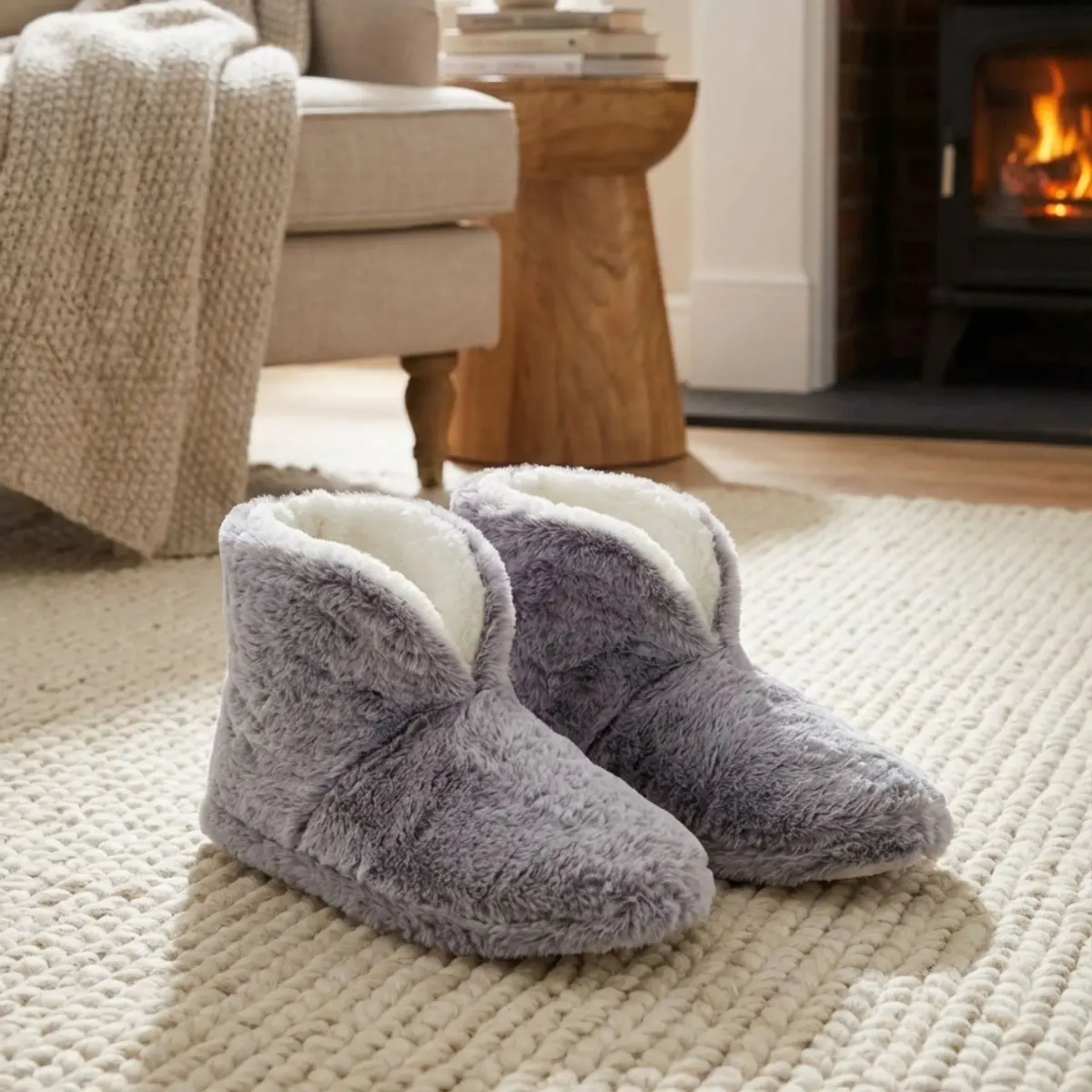Womens Bootie Slippers Luxury Grey Faux Fur Non Slip - Orla 1