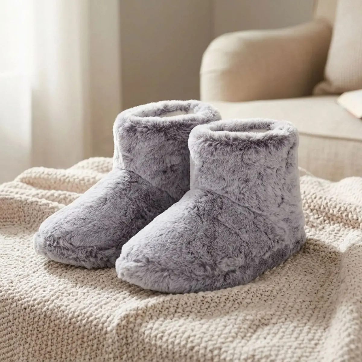 Womens Luxury Bootie Slippers Grey Faux Fur Non Slip - Isla 1
