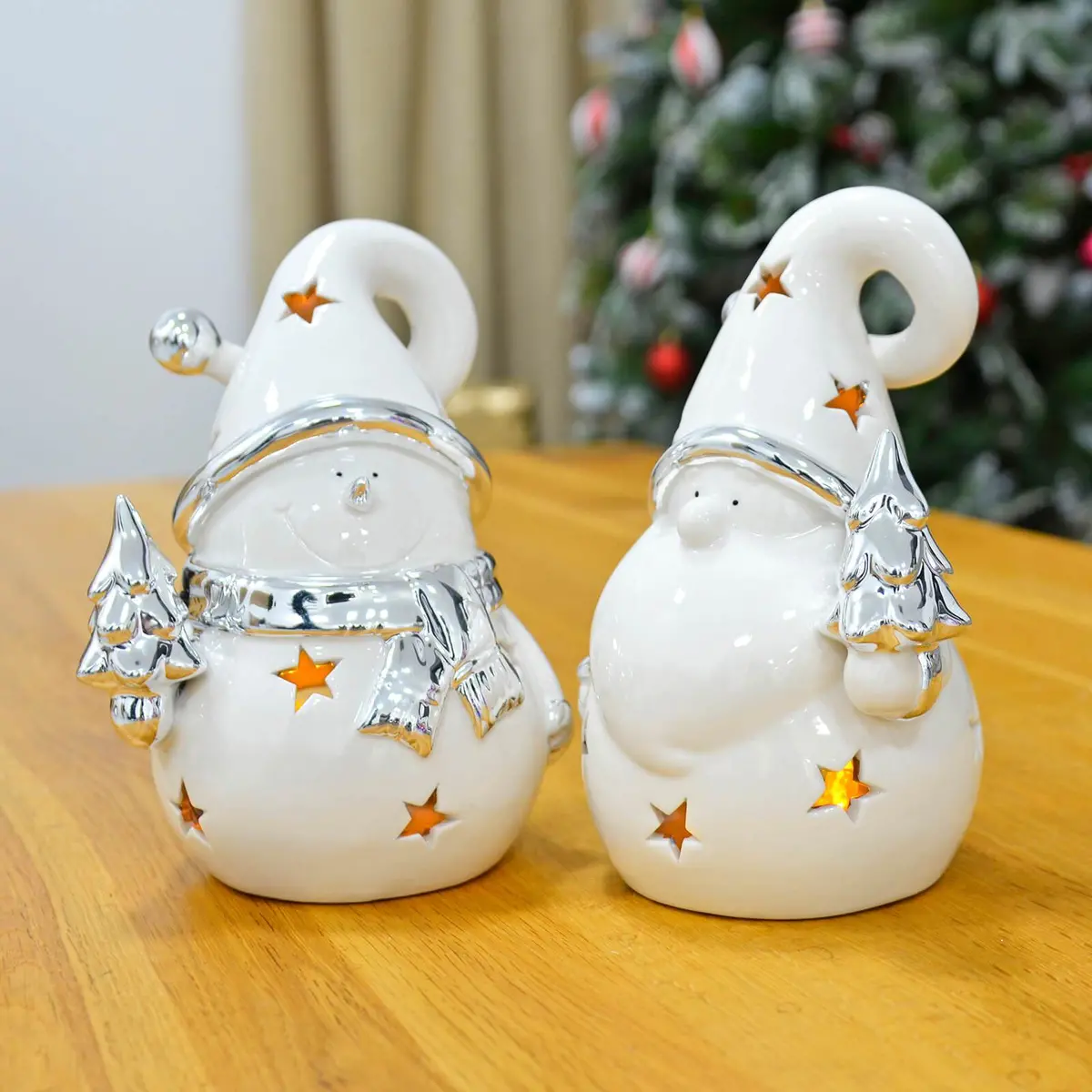Set Of 2 Santa Snowman Tea Light Candle Holders White Silver 18Cm 1