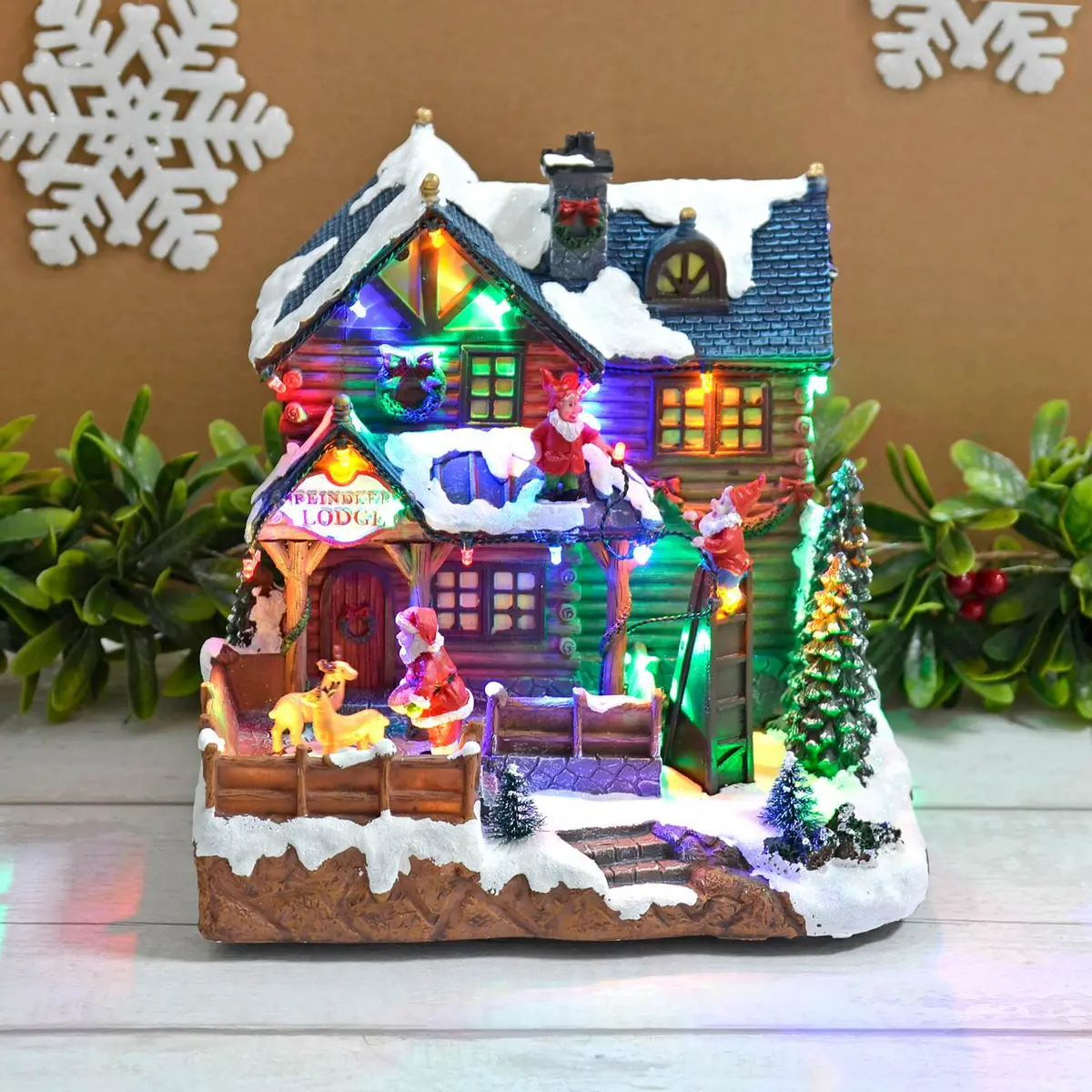 Christmas Reindeer Lodge Snow Scene Light Up Music Moving 24Cm 1