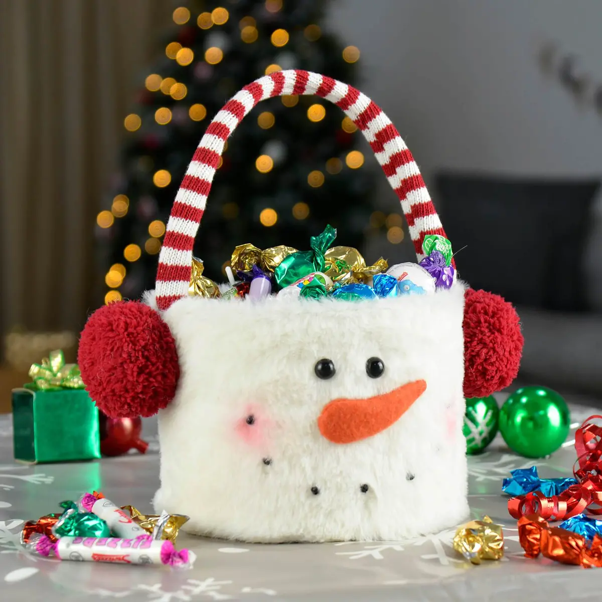 Fabric Christmas Treats Bucket Fleece Snowman Santa 26Cm 1