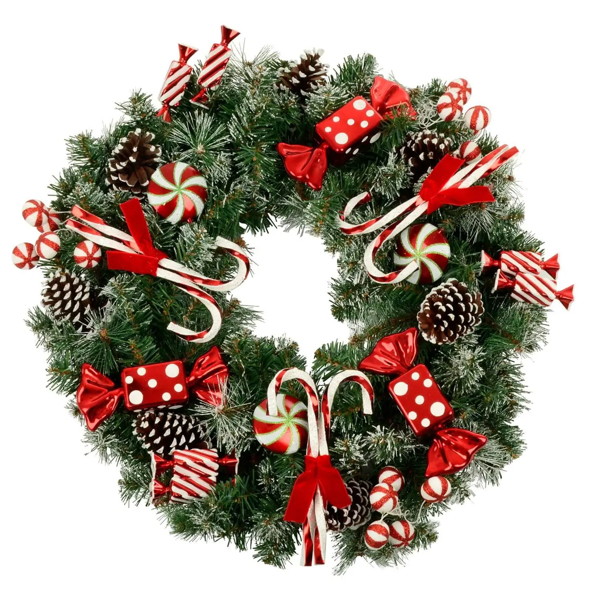 30" Christmas Wreath Candy Canes Sweets Snow Pine Cones 1