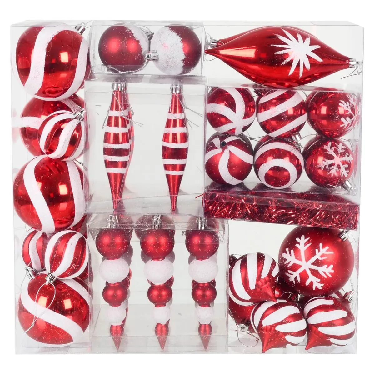 52Pc Christmas Tree Baubles Set Mixed Design Red White 1