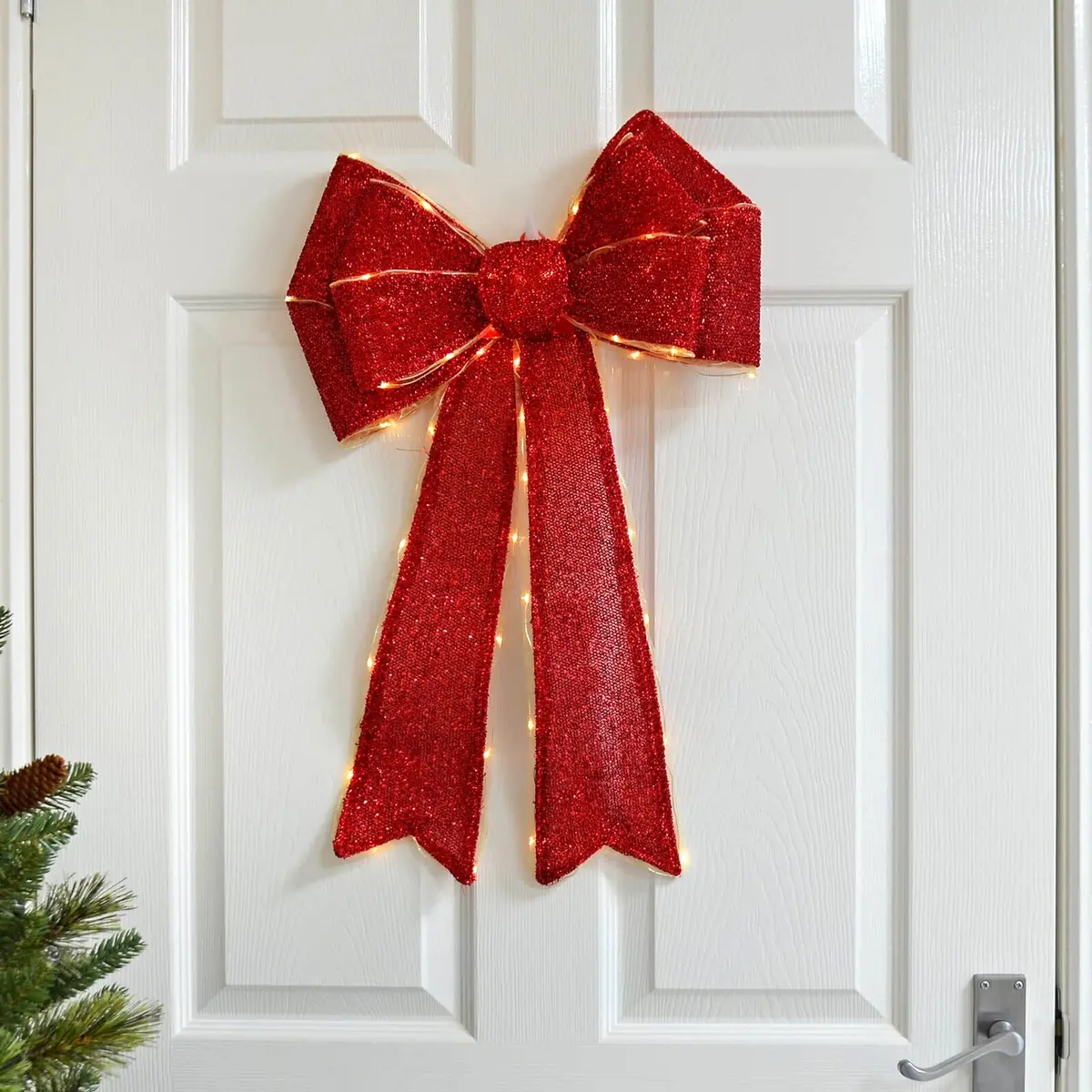 Light Up Christmas Door Bow Decoration Glitter 60Cm 1