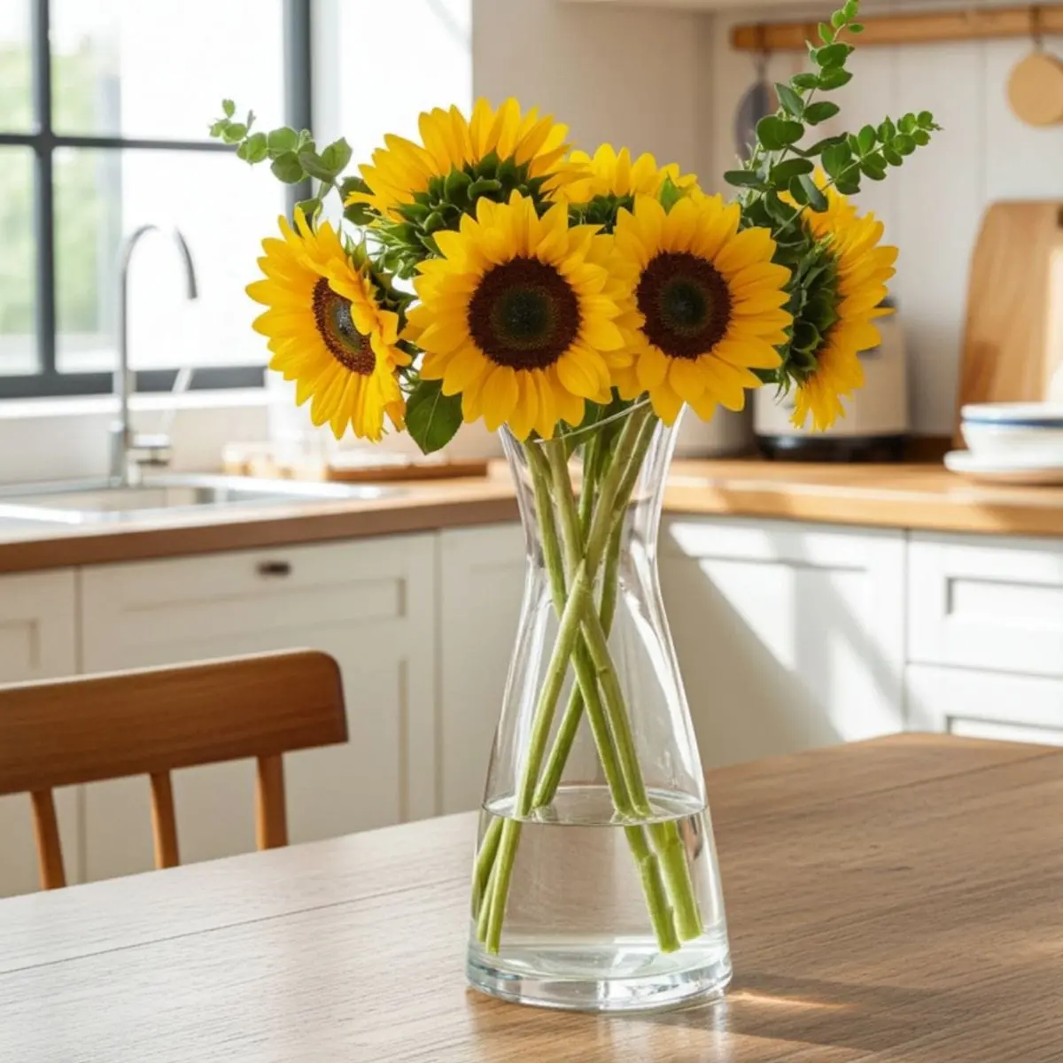 Sunflower Vase Clear Glass Slanted Rim Bouquet Foliage 27Cm 1