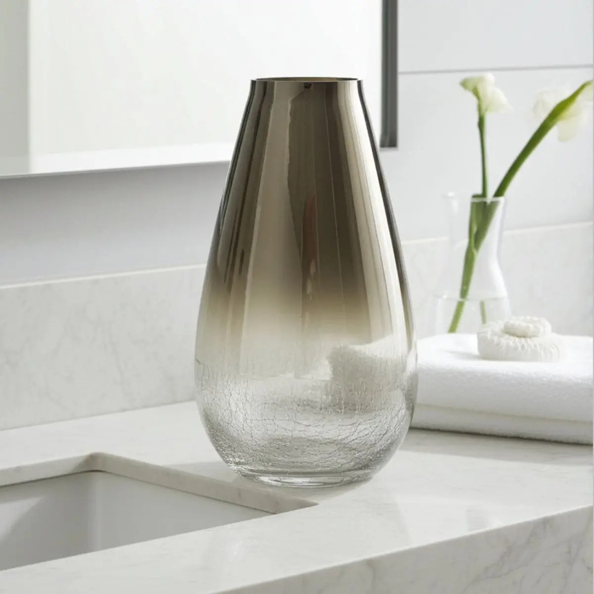 Crackle Vase Ombre Smoked Glass Polished Silver Top 25Cm 1