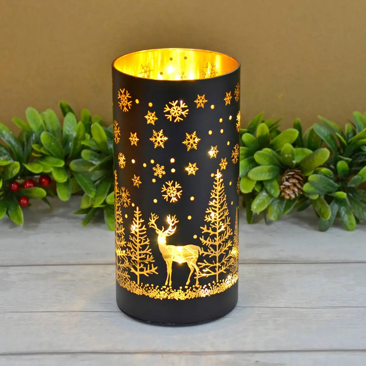 Christmas Cylinder Light Black Gold Decoration Glass 20Cm 1