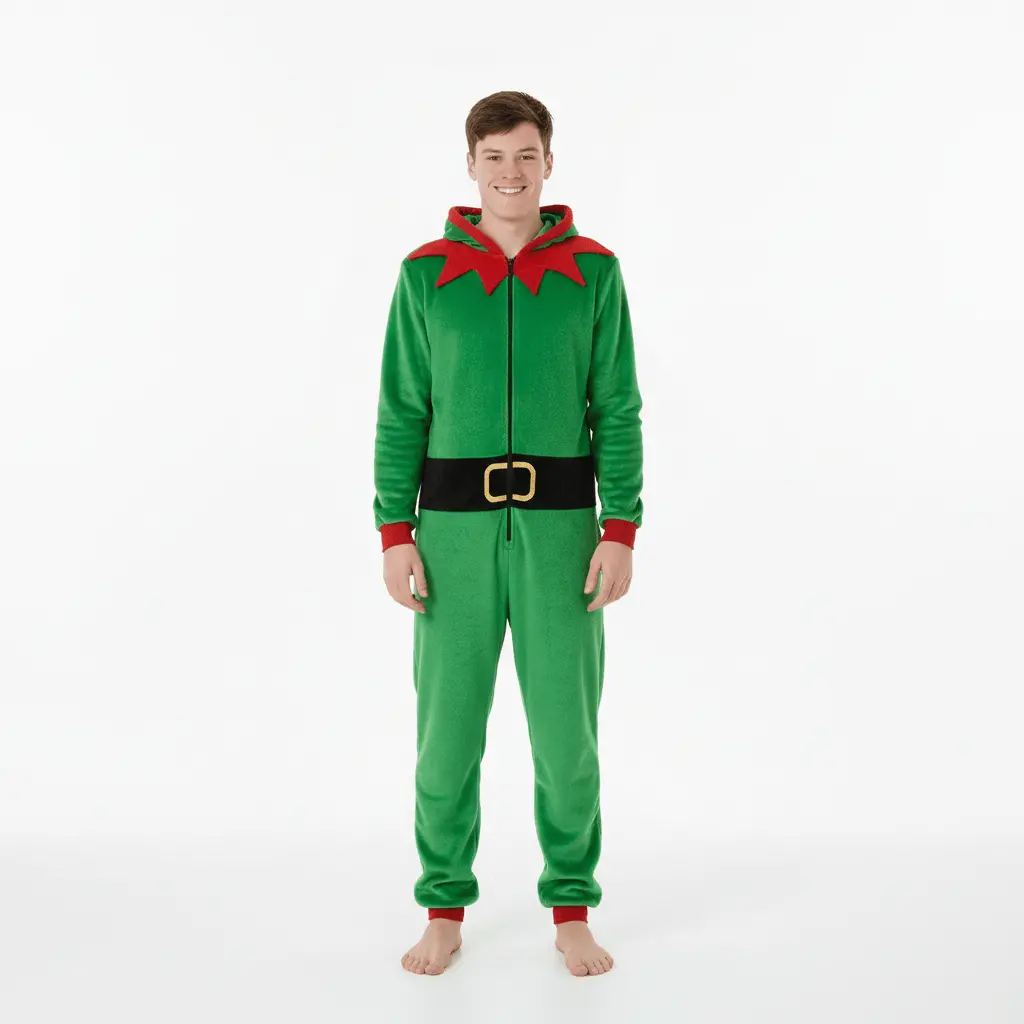 Mens All In One Elf Pyjama Suit Fleece Christmas Nightwear 2
