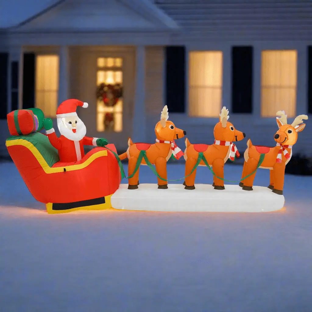 10Ft Led Inflatable Santa Sleigh 3 Reindeer Christmas Decoration 1