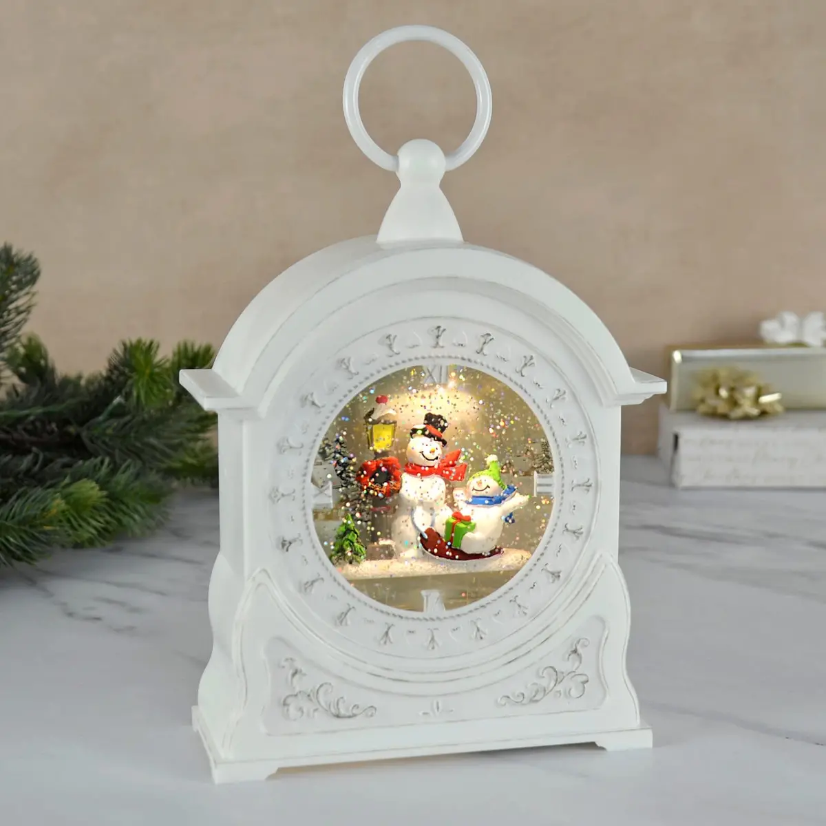 Led Glitter Water Spinner White Clock Christmas Decoration 27Cm 1