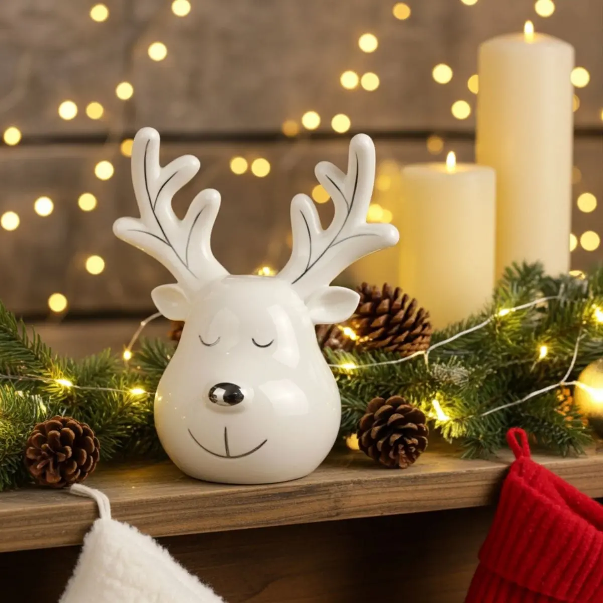 Reindeer Head Christmas Ornament White Ceramic Silver 20Cm 1