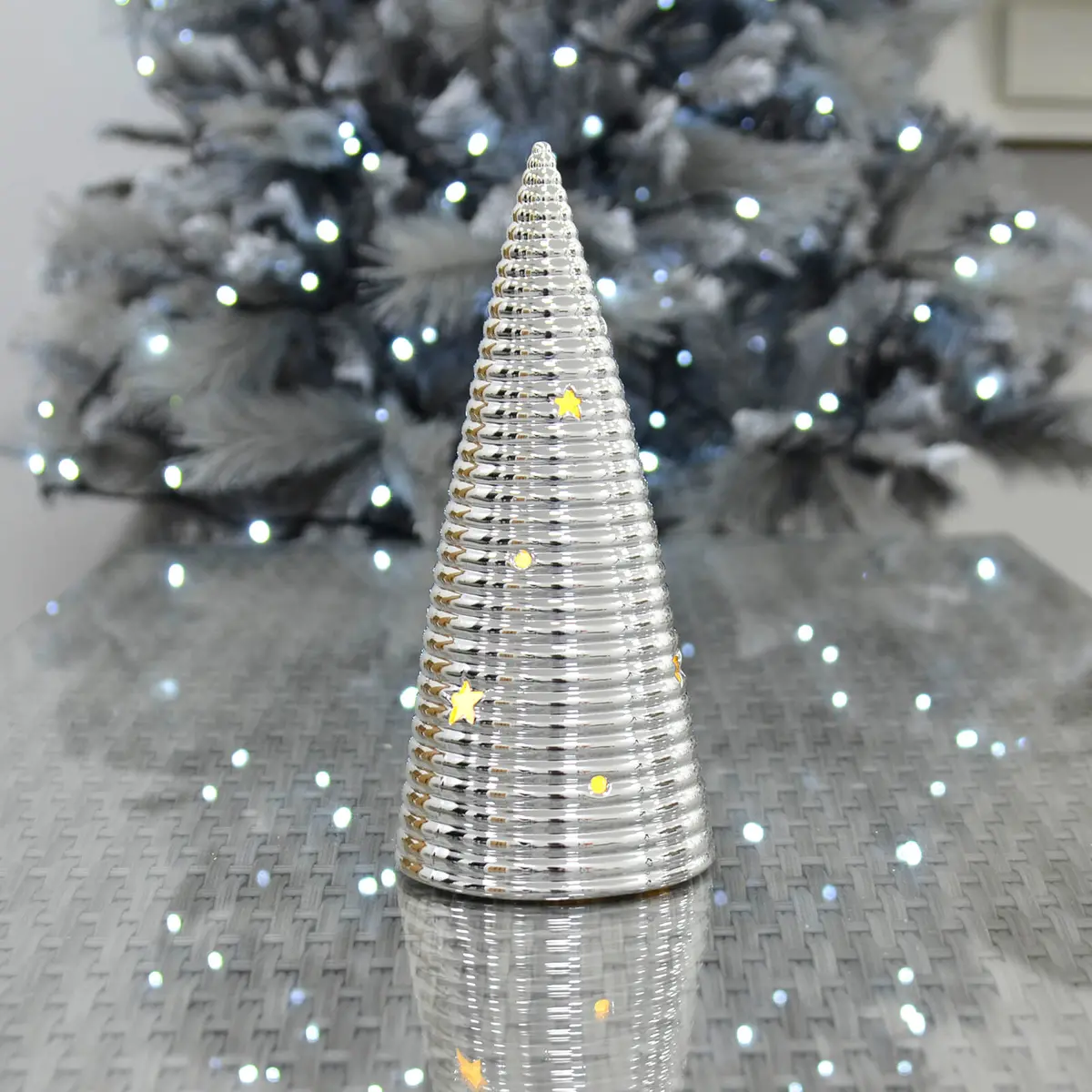 Light Up Christmas Tree Ornament Silver Finish Ceramic 25Cm 1