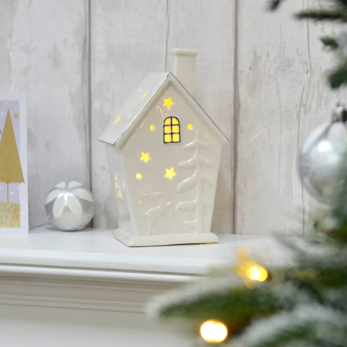 Light Up House Christmas Decoration White Silver Ceramic 20Cm 1