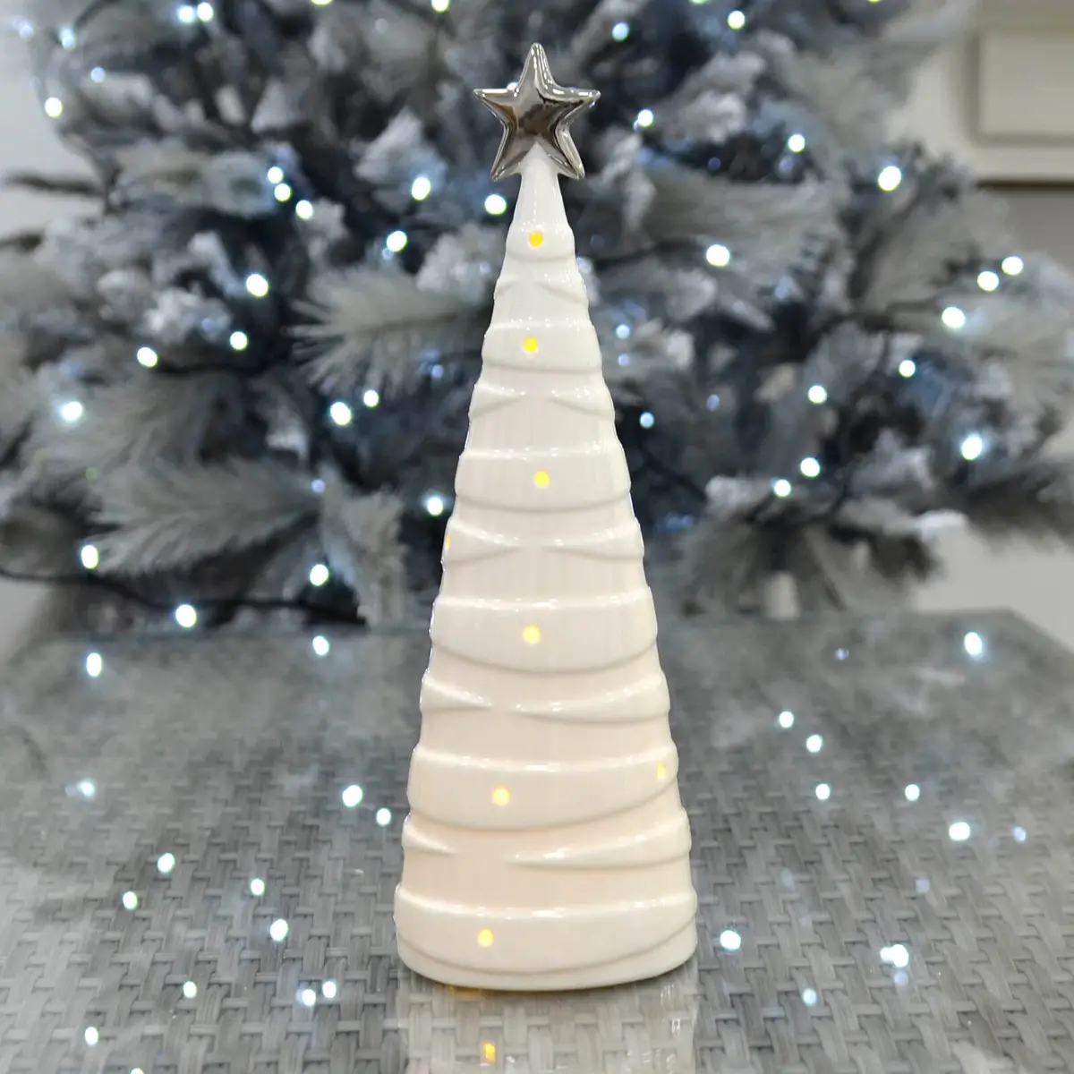 Led Christmas Tree Decoration Silver Star White Ceramic 28Cm 1