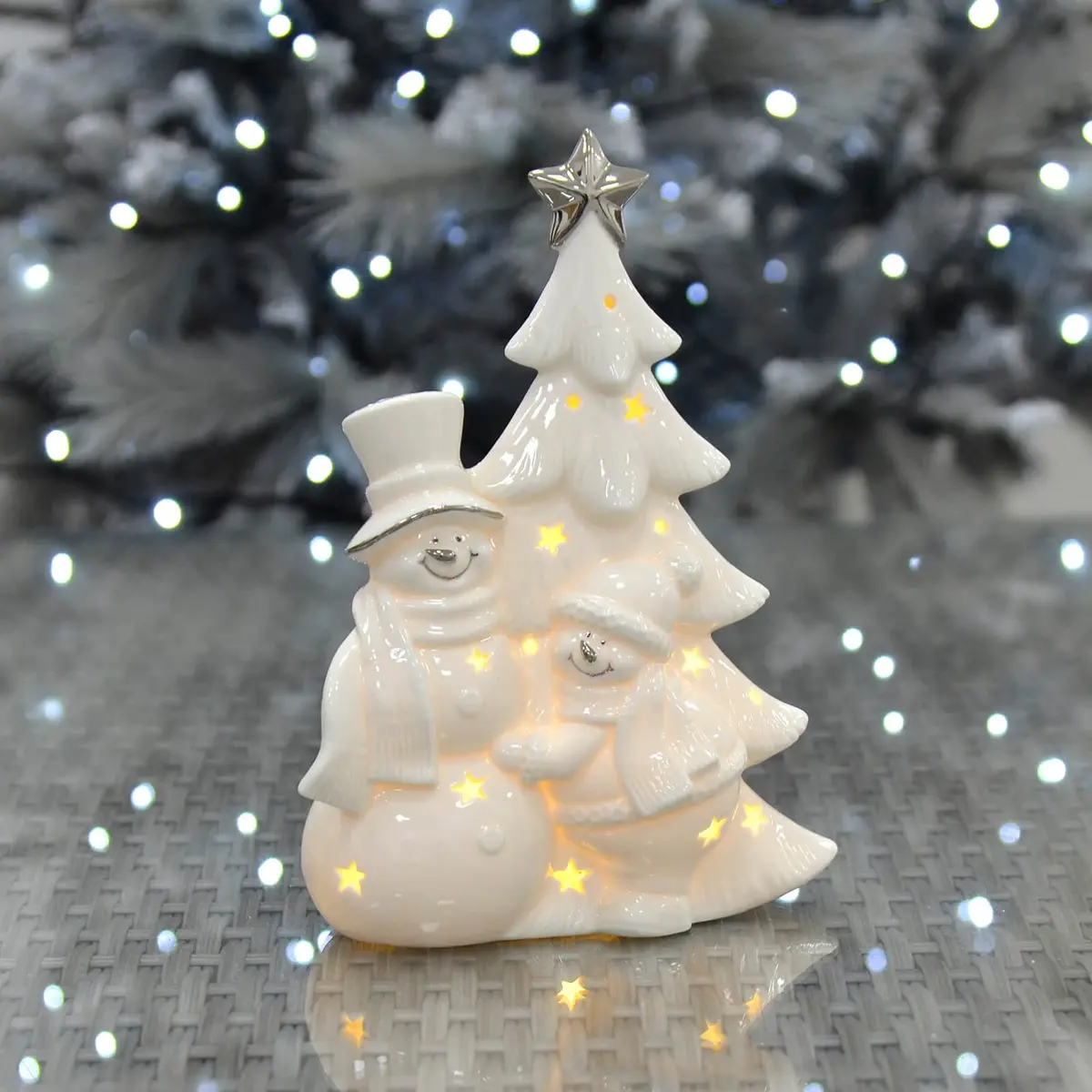 Led Snowman With Christmas Tree Decoration White Ceramic 23Cm 1