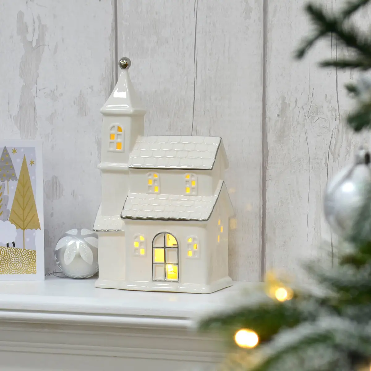 Led Town House Christmas Decoration Silver White Ceramic 25Cm 1