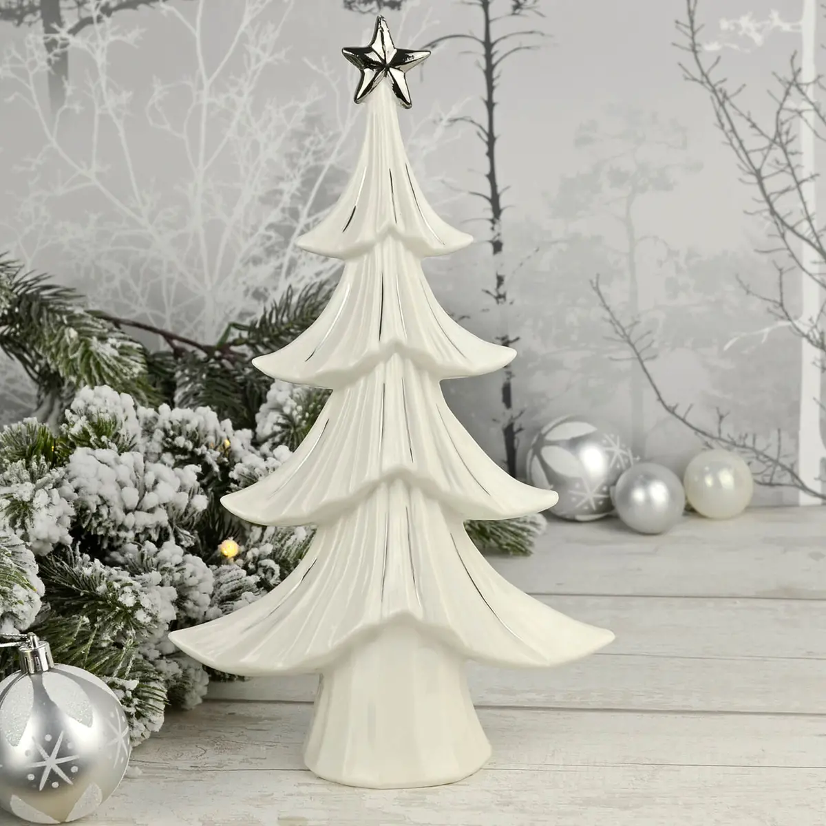 Christmas Tree Decoration Ornament White Ceramic Silver Star 30Cm 1