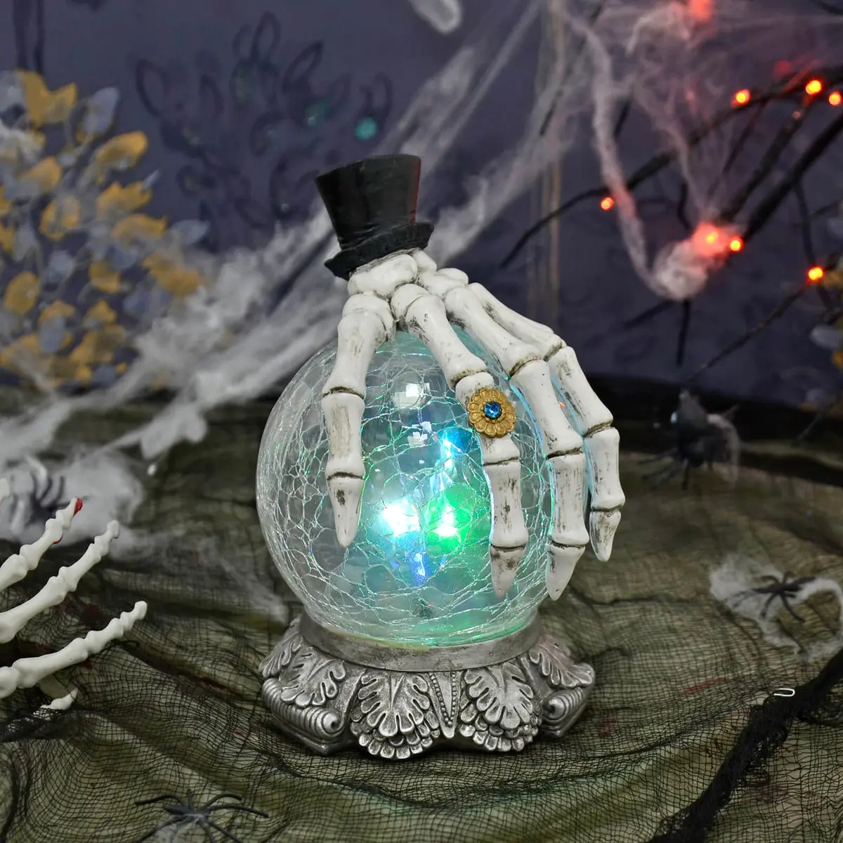 Skeleton Hand Led Crackle Glass Ball Halloween Decoration 20Cm 1