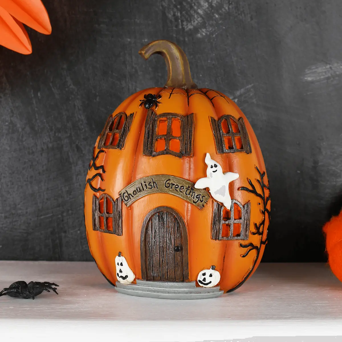 Led Pumpkin House Ghoulish Greetings Halloween Decoration 19Cm 1
