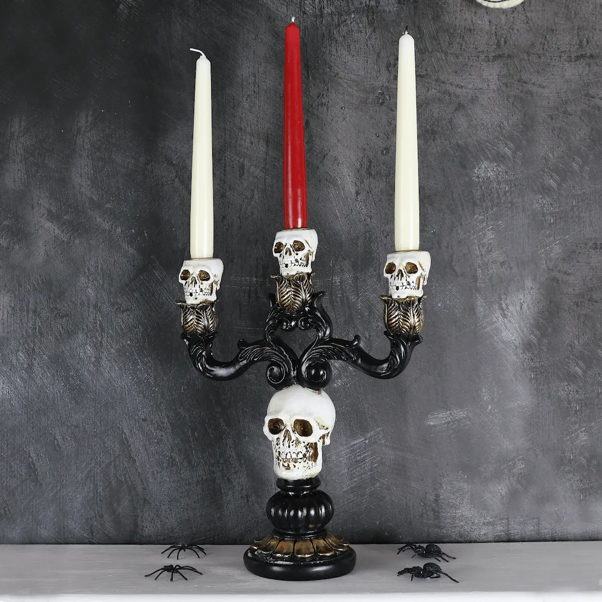 3 Candle Skull Candelabra Black Gold Halloween Decoration 30Cm 1