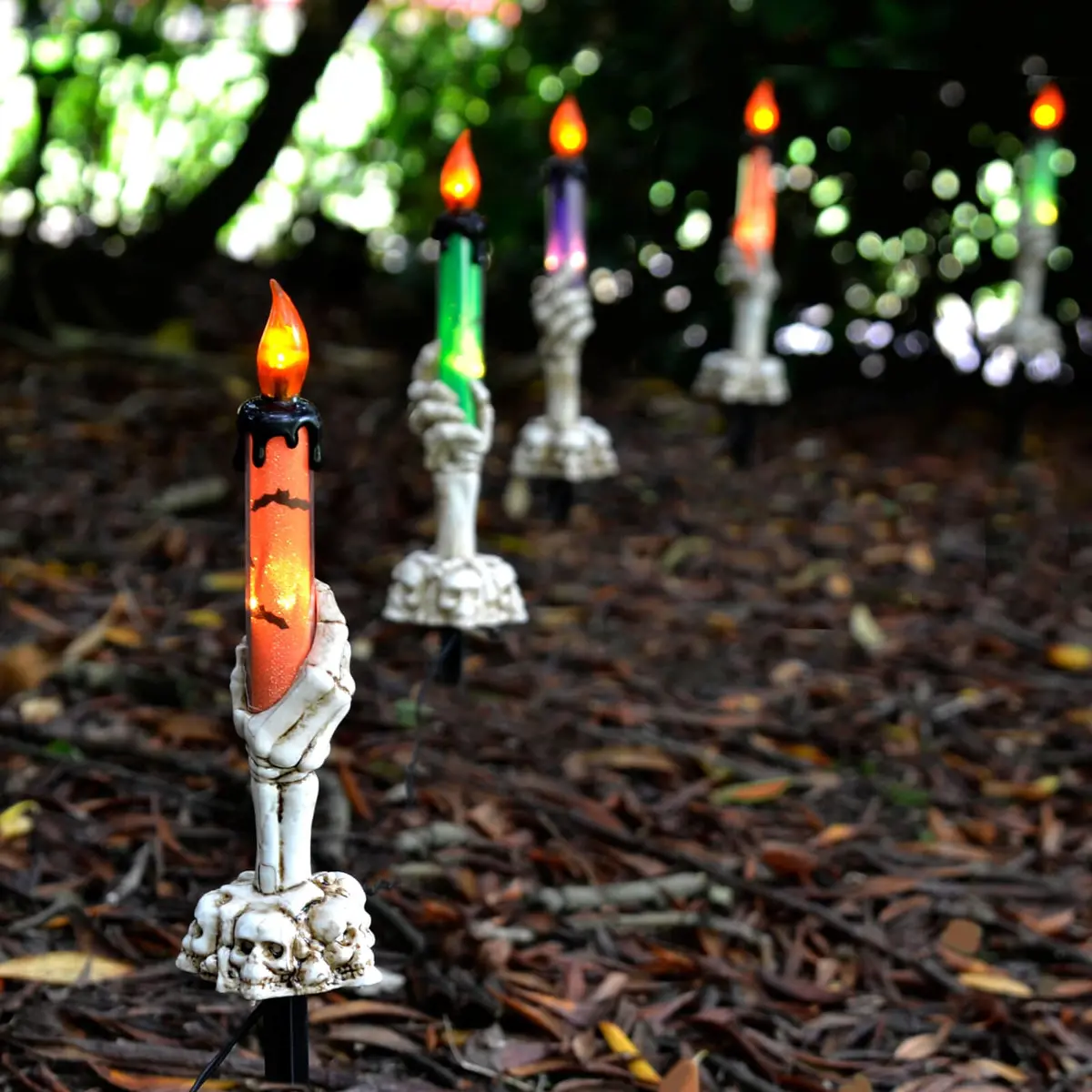 Set Of 5 Led Skeleton Candle Garden Stakes Halloween Prop 46Cm 1
