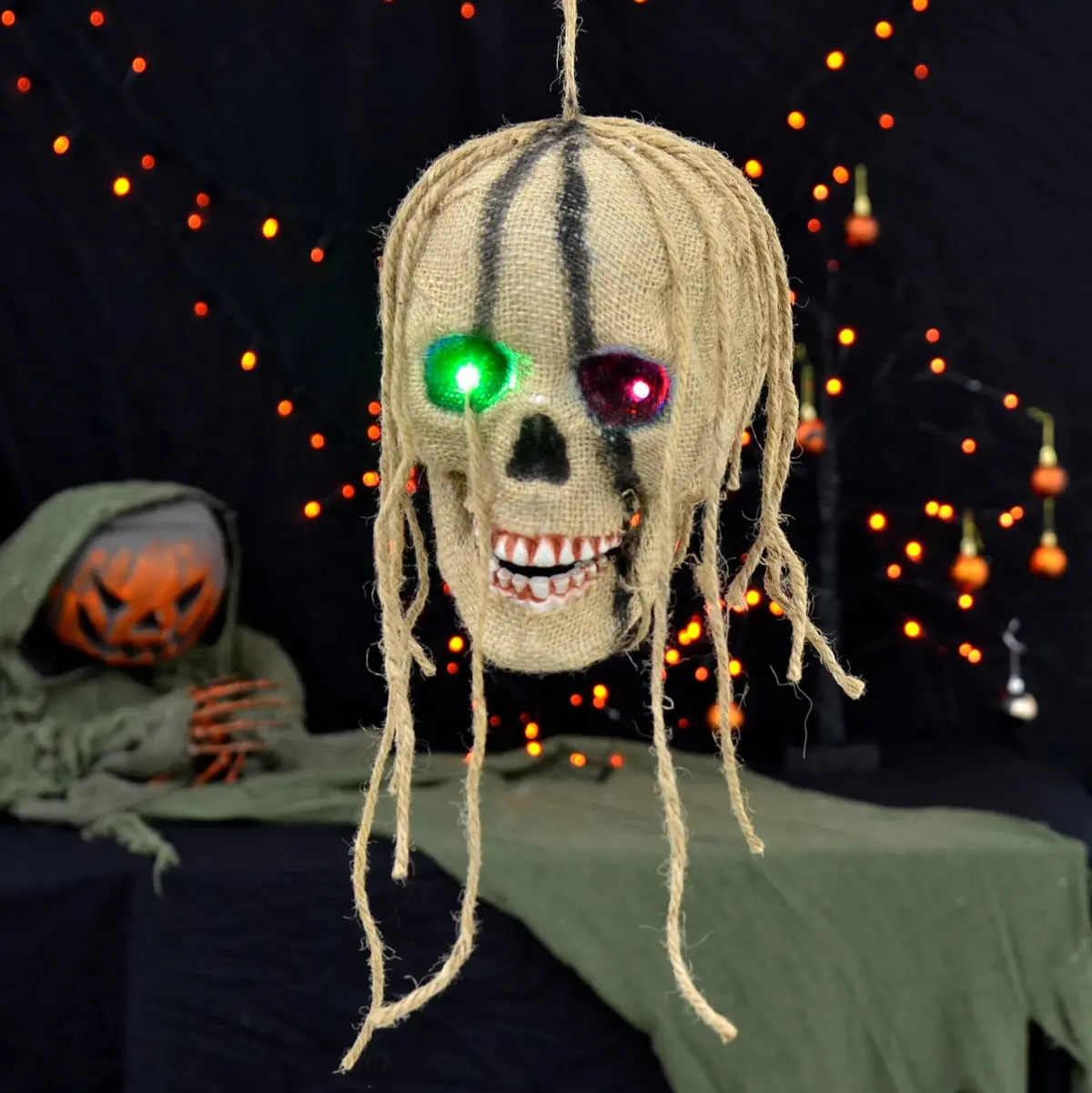 Light Up Hanging Skull Halloween Decoration Rope Hair 19Cm 1