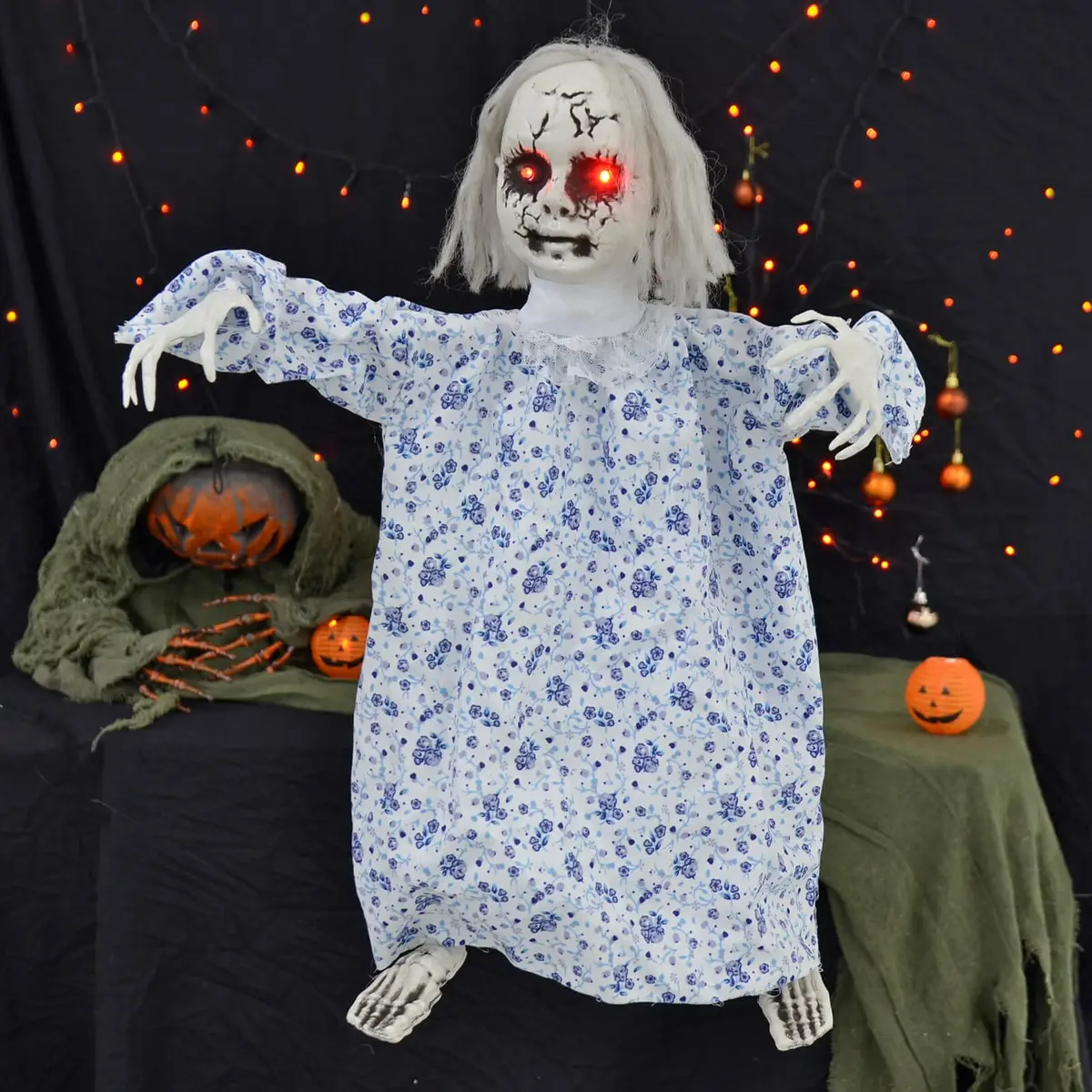 Light Up Scary Doll Red Eyes Sounds Halloween Decoration 60Cm 1
