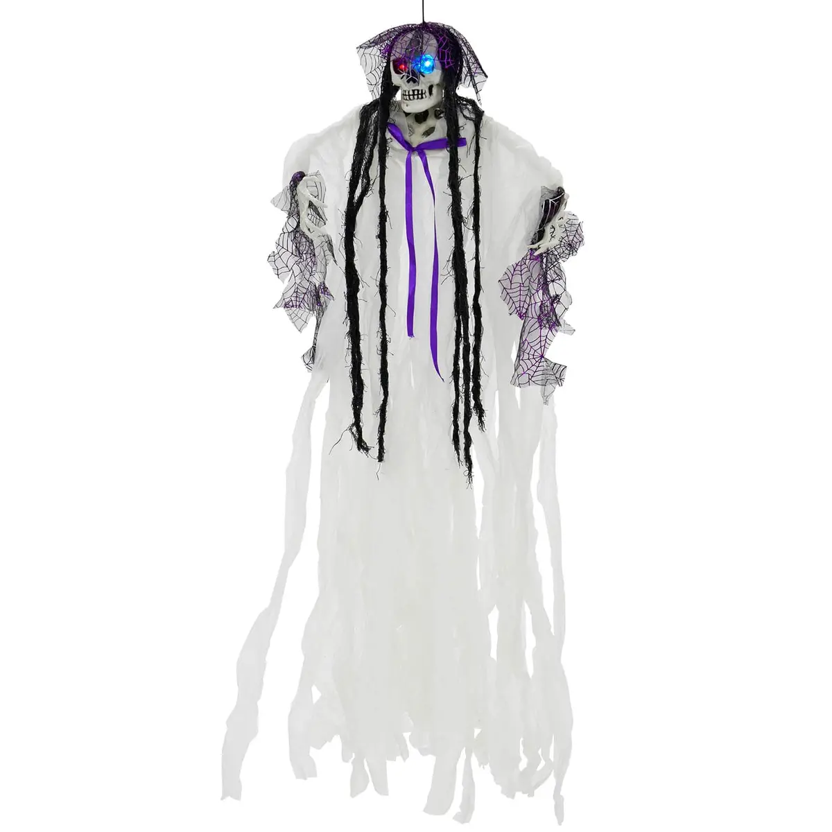 4Ft Hanging Skeleton Flashing Eyes Purple Bow Webs Decoration 1