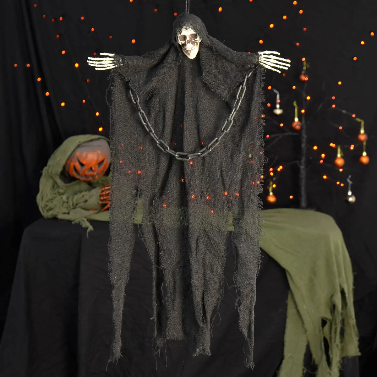 Hanging Skeleton With Chains Black Robe Ghost Decoration 60Cm 1