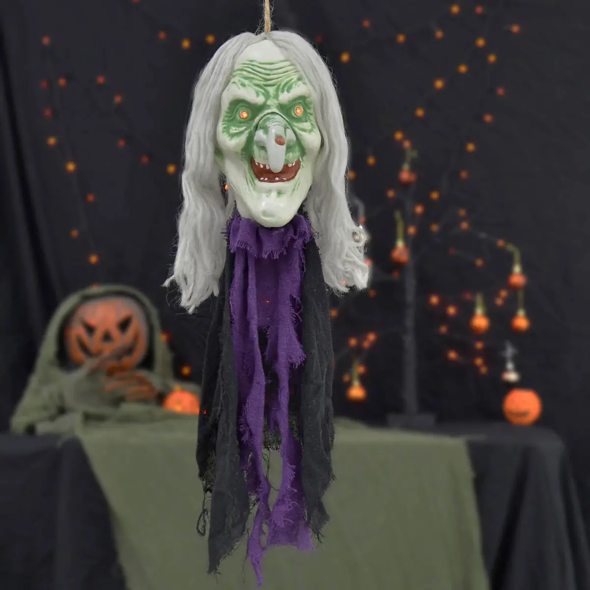 Hanging Head Light Up Eyes Laughing Witch Goblin Decoration 64Cm 1