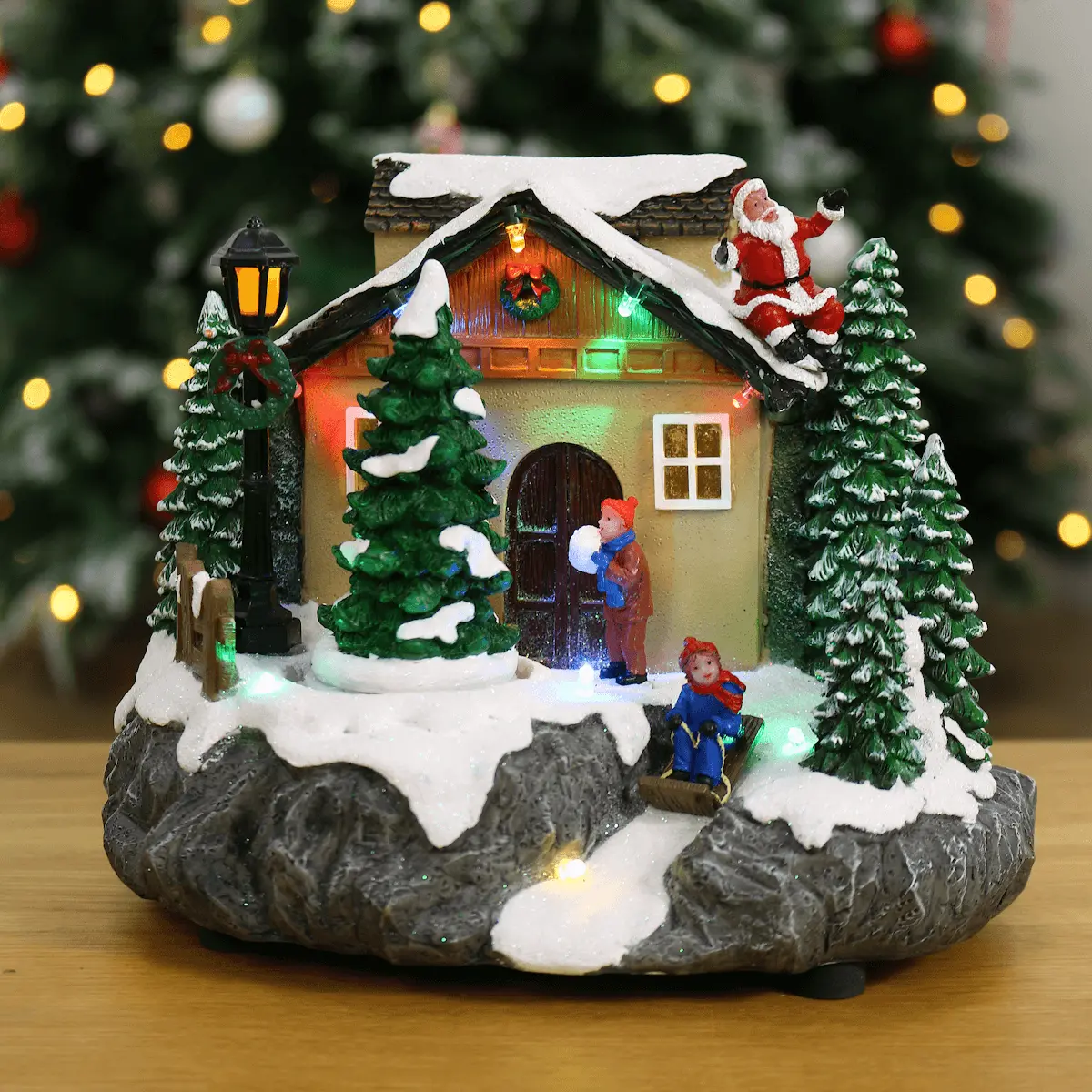 Christmas Village Light Up Moving Snow Scene Sledge Santa 20Cm 1