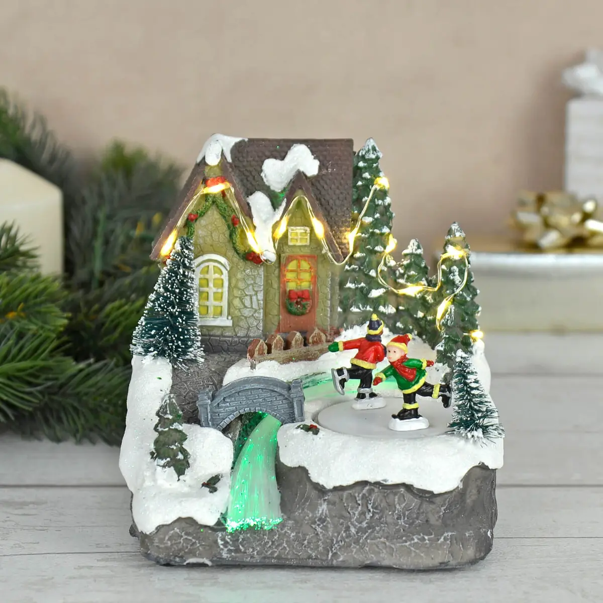 Christmas House River Light Up Moving Snow Scene Skaters 14Cm 1